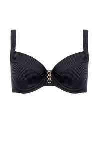 Czarny biustonosz z fiszbinami o prążkowanej teksturze, szerokimi ramiączkami i trzema złotymi okrągłymi akcentami na środku. Miękka tkanina o wyraźnie zarysowanym kształcie.