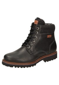 Schwarze Leder-Ankle-Boots mit texturiertem Stoffkragen, runder Schuhspitze, sechs Metallösen, Kontrastnähten und einer robusten Gummisohle.