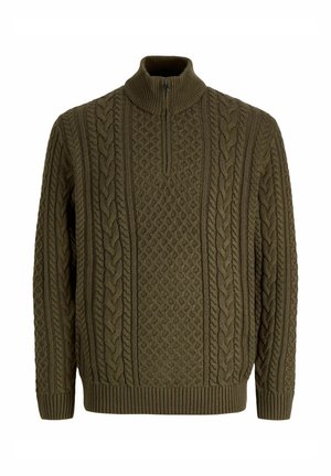 Pull vert olive en maille torsadée, avec un col montant côtelé, une courte fermeture éclair sur le devant, des manches longues et des poignets et un bas côtelés.