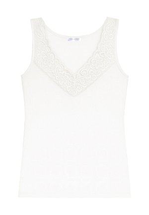 Débardeur blanc avec un col en V, featuring une bordure en dentelle florale autour de l'encolure. Fabriqué dans un matériau doux avec une forme ajustée. Pas de motifs sur le corps.