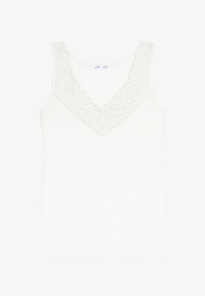 White tank top with a V-neck, featuring floral lace trim around the neckline. Made of soft material with a fitted shape. No patterns on the body.
