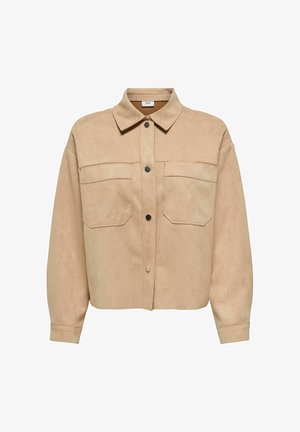 Beige ruskindjakke med knapper, to forlommer med klap, lange ærmer og klassisk krave.