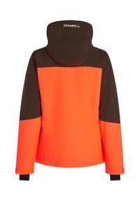 Veste orange vif et noire avec capuche. Présente un design coloré, un tissu résistant et des détails aux poignets. Le logo apparaît au dos.
