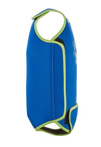 Gilet de sauvetage pour chien en néoprène bleu avec des détails verts, ouverture à l'avant et coutures renforcées. Présente un design de dessin animé sur le côté.