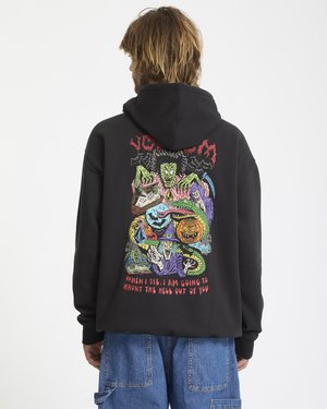 Zwarte hoodie met een grote, kleurrijke afbeelding van cartoonmonsters, schedels en tekst op de achterkant. Ribgebreide manchetten en onderrand.