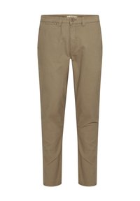 Khaki chinos i en blandning av bomull, med dragkedja, knappstängning och snedställda sidofickor. Rakt ben med minimal detaljering.