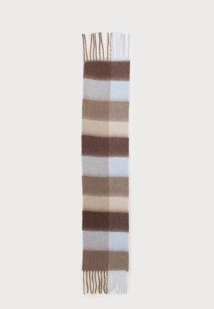 Langer Wollschal mit kariertem Muster in Braun-, Beige- und Hellblautönen, mit fransigen Enden.