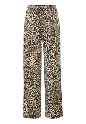 Leopard print wide-leg pants in beige and black, featuring a drawstring waist and smooth fabric texture.