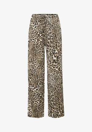 Hlače širokih nogavic s leopardjim vzorcem v bež in črni barvi, s pasom na vezanje in gladko teksturo tkanine.