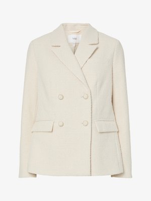Double-breasted beige blazer made of textured fabric, featuring notched lapels, two front pockets, and gold-tone button accents.