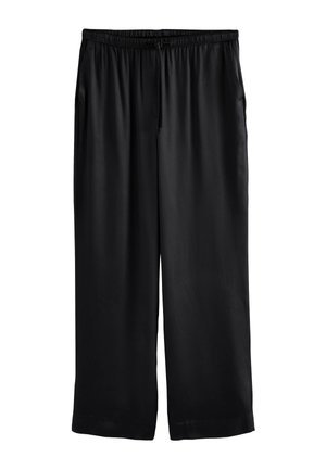 Čierne voľné nohavice s elastickým pásom a šnúrkou, s bočnými vreckami a priamymi širokými nohavicami.