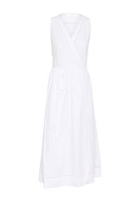 Vestito avvolgente bianco in lino con scollatura a V, design senza maniche, vita con fiocco e sottili dettagli cuciti orizzontalmente all'orlo.