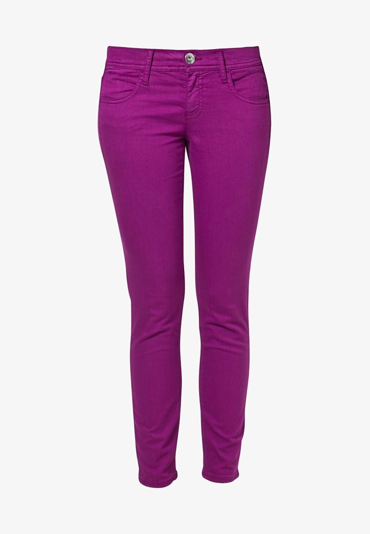 Slim-fit jeans in bright purple, made of denim, featuring five pockets, a single button closure, and subtle stitching details.