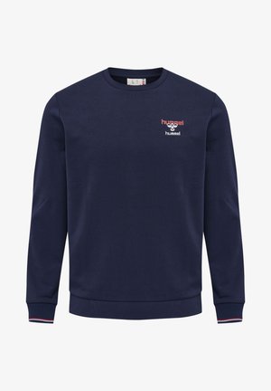 Sudadera de cuello redondo azul marino con mangas largas, puños y dobladillo acanalados, que presenta un pequeño logo de hummel rojo y blanco en el pecho izquierdo.