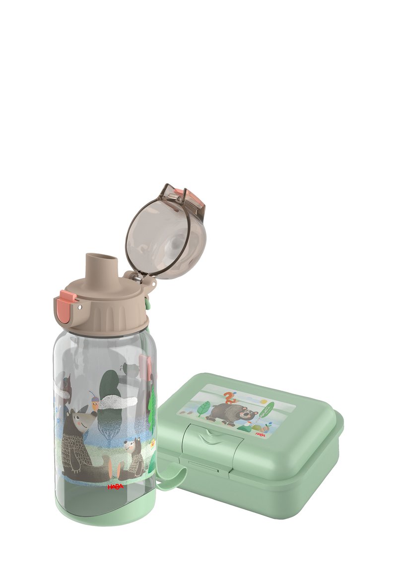 Klare Plastik-Wasserflasche mit einem beigen Klappdeckel, die bunte Tierillustrationen zeigt; begleitet von einer mintgrünen, rechteckigen Aufbewahrungsbox.