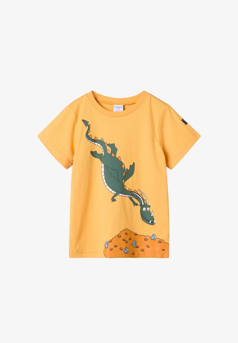 Geel katoenen t-shirt met een groene draak die duikt over een oranje heuvel met blauwe edelstenen en munten. Korte mouwen, ronde hals.