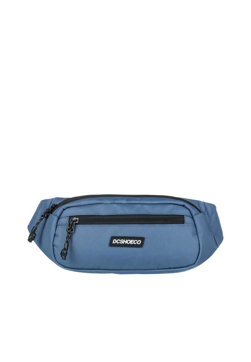 Blue fabric fanny pack with a black zipper, featuring a logo patch on the front and a contoured design for comfort and accessibility.