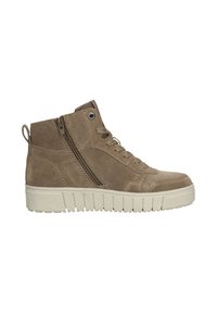 Beige High-Top-Sneaker aus Wildleder, mit einer Schnürung vorne, seitlichem Reißverschluss, strukturiertem beigen Fußbett und stickierten Akzenten.