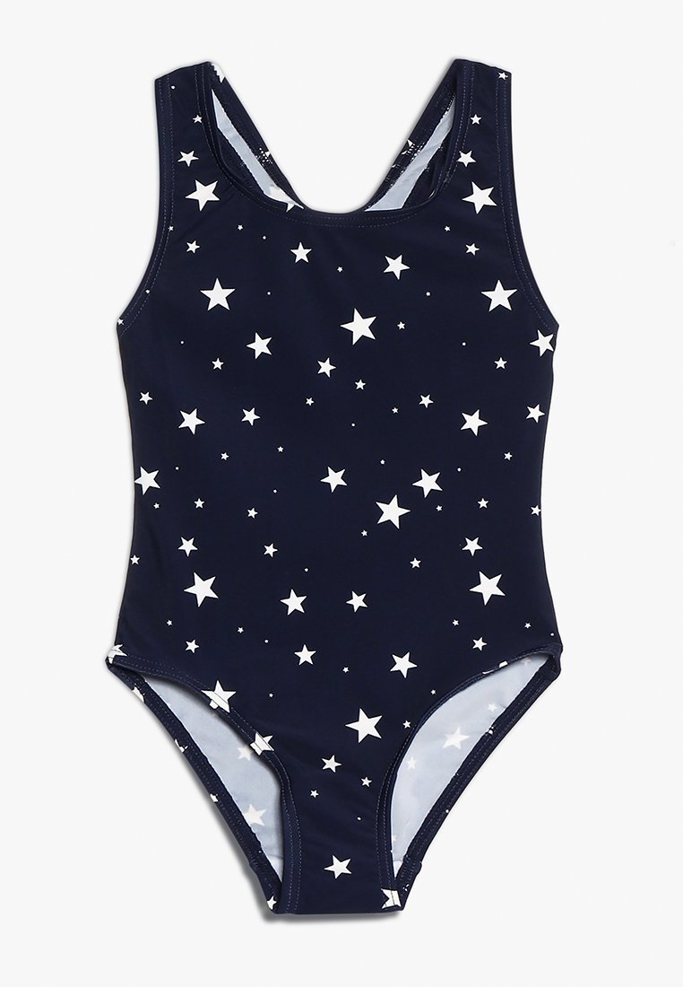 Maillot de bain marine avec des étoiles blanches, doté d'un col rond et de larges bretelles. Tissu lisse et design ajusté pour le confort et la flexibilité.