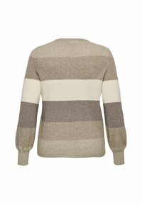 Knit sweater in stripes of light beige, cream, and taupe. Features a round neckline and puffed sleeves, with a soft texture.