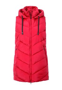 Rote Pufferweste mit hohem Kragen, frontlanger Reißverschluss und Chevron-Muster. Verfügt über schwarze Kordeln und Seitentaschen. Hergestellt aus synthetischem Material.