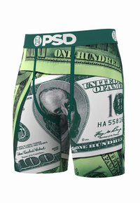Herre boxer briefs med grafisk design av dollarseddel i nyanser av grønt og svart, med en grønn elastisk linning merket "PSD."