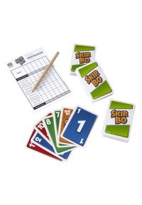 Skip-Bo card game includes colorful cards in various numbers, a score sheet, and a pencil. Cards are plastic with bold numbering and branding.
