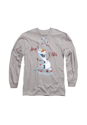 Long-sleeve gray t-shirt featuring a cartoon snowman with a smiling face, surrounded by swirling blue and orange leaves, and text "Love is in the Air."