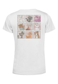 Bílý bavlněný tričko s mřížkou devíti ilustrací kreslených zvířat v různých barvách a výrazích, s hravými designy a detaily.