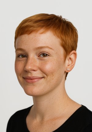 Silberne ohrringe in Schmetterlingsform, getragen von einer Person mit kurzen roten Haaren und Sommersprossen, vor einem neutralen Hintergrund, der die Details des Ohrrings hervorhebt.
