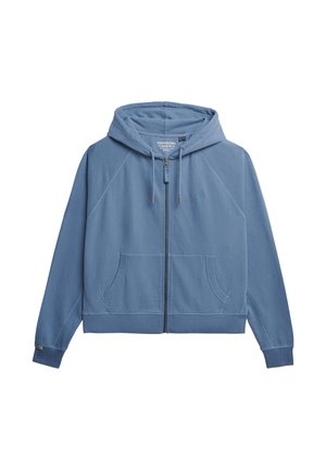 Felpa con cappuccio blu con zip, cappuccio con coulisse, tasche frontali e polsini a costine, distesa su uno sfondo bianco.