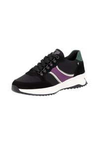 Schwarzer Sneaker aus Wildleder und Mesh-Material, mit einem lila Streifen, weißen Nähten und einem grünen Akzent an der Ferse. Gummierte schwarze Sohle.