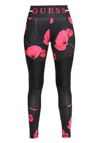 Czarne legginsy z różowym kwiatowym wzorem, z teksturowanymi akcentami z siateczki na dolnej części nóg oraz szerokim, markowym pasem w talii z napisem "GUESS" w kolorze różowym.