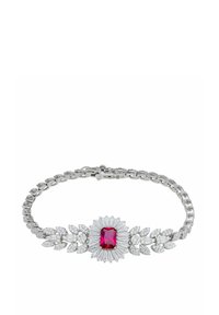 Silver bracelet featuring a central ruby-red stone surrounded by clear cubic zirconia, with a leaf-pattern design. Elegant clasp closure.