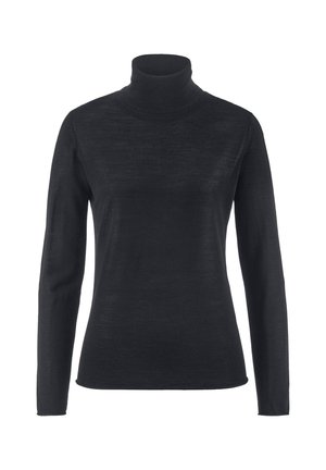 Schwarzer, langärmeliger Rollkragenpullover mit schmaler Passform und geripptem Kragen, auf einem weißen Hintergrund präsentiert.