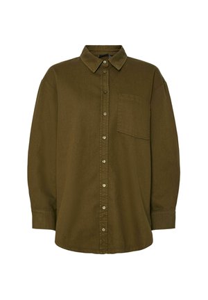 Camicia verde oliva con bottoni realizzata in un tessuto testurizzato, con colletto, tasca frontale e maniche lunghe con polsini abbottonati.