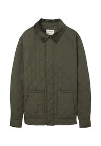 Giacca trapuntata verde oliva con colletto in velluto a coste, chiusura anteriore a scatto e due tasche frontali. Presenta un design imbottito e testurizzato.