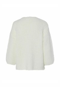 Vit fluffig cardigan med ribbat mönster, vida ärmar och rund halsringning, som har en lös och avslappnad passform bak.