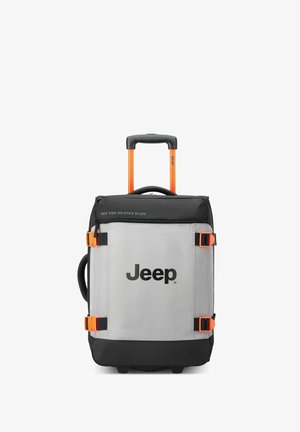 Grijze stoffen koffer met een uitschuifbare oranje handgreep, zwarte accenten, een zijhandgreep en het Jeep-logo. Beschikt over meerdere banden en een ritszak.