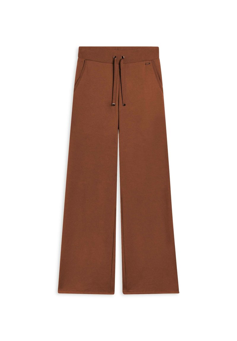 Pantalons amples marron en matériau doux, dotés d'une taille élastique avec cordon de serrage et de deux poches à l'avant.