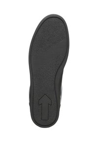 Suola di scarpa in gomma nera con grip testurizzato, caratterizzata da un design a freccia e un motivo di superficie variato per trazione. Nessun lacci o abbellimenti visibili.