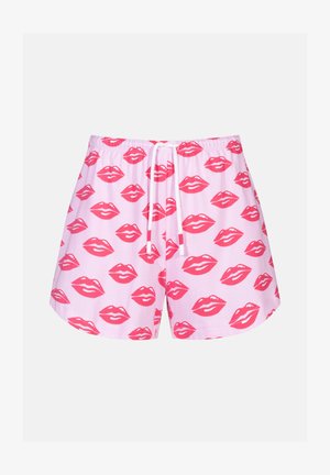 Rosa Shorts mit einem wiederkehrenden Muster aus roten Lippen, mit elastischem Bund und Kordelzug. Hergestellt aus weichem, leichtem Stoff.