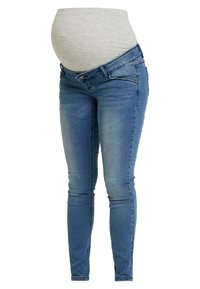 Calças de maternidade em denim azul com um painel elástico cinza na barriga, ajuste slim, cintura média e um desbotamento subtil nas pernas.