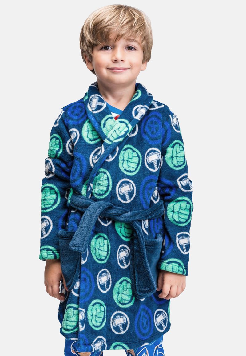 Fleece bathrobe in blue with green and white circular patterns featuring hammers and fists. It has a shawl collar and waist tie.