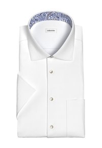 Camicia bianca con colletto strutturato, con una fantasia paisley blu all'interno. Cinque bottoni sulla patta, taschino sul petto.