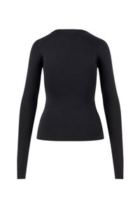 Czarny długi rękaw top o dopasowanym kroju. Wykonany z gładkiego materiału, posiada okrągły dekolt i bezszwowe mankiety. Wyświetlony widok z tyłu.