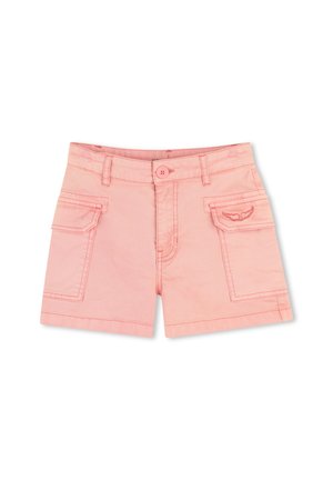 Shorts en coton roses avec fermeture à bouton, deux poches latérales et un motif brodé sur la poche droite.