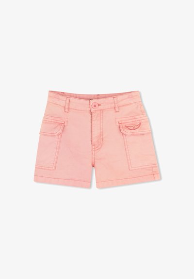 Shorts en coton roses avec fermeture à bouton, deux poches latérales et un motif brodé sur la poche droite.