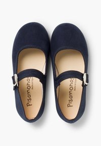 Námořnické modré semišové Mary Jane boty se sp straps, elastické u otvoru a béžovou koženou stélkou s potiskem značky.