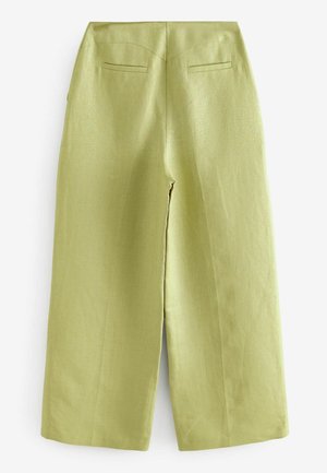 Lněné kalhoty širokého střihu v světle zelené barvě, s vysokým pasem, dvěma zadními kapsami a hladkým povrchem s jemným leskem.